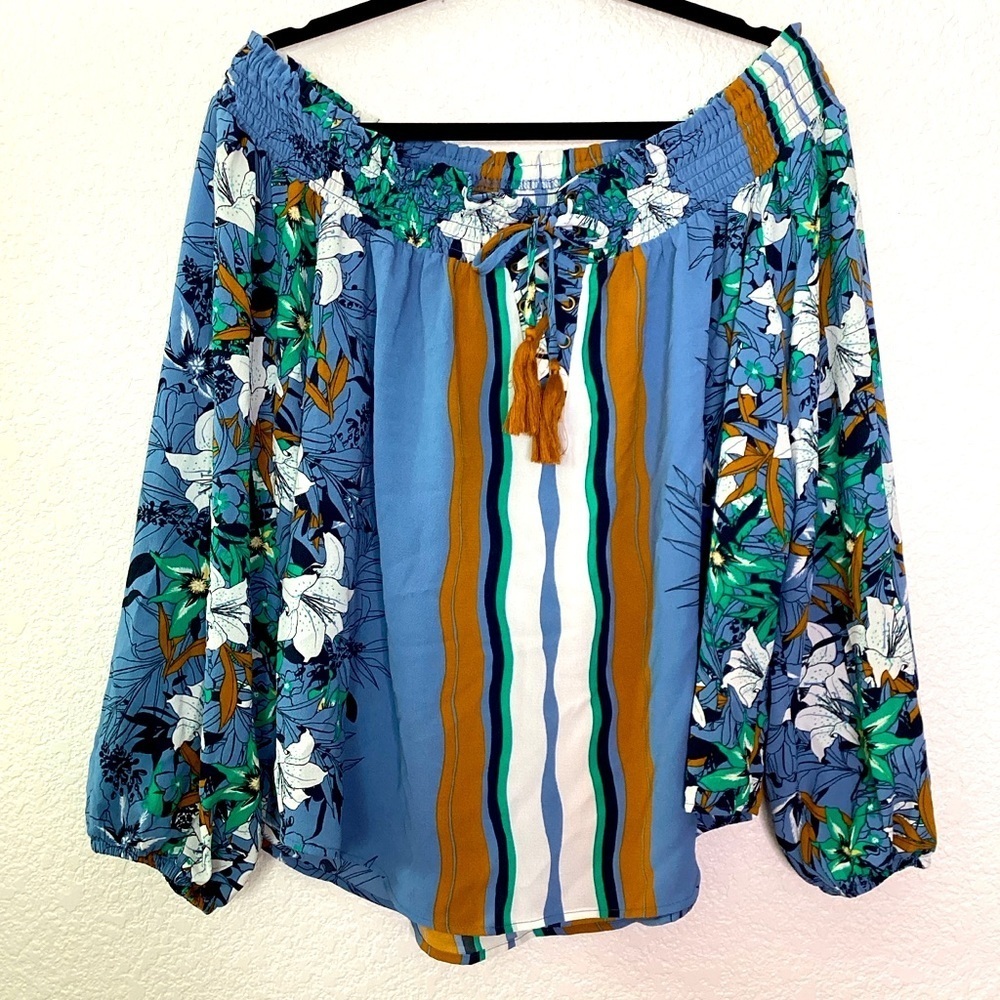 LORALETTE PLUS SIZE 2X TOP OFF SHOULDER FLORAL STRIPPED BLUE‎ BLOUSE NWT